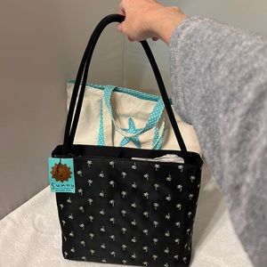 Palm tree embroidered nylon black shoulder handbag by Sunny; with BONUS tote
